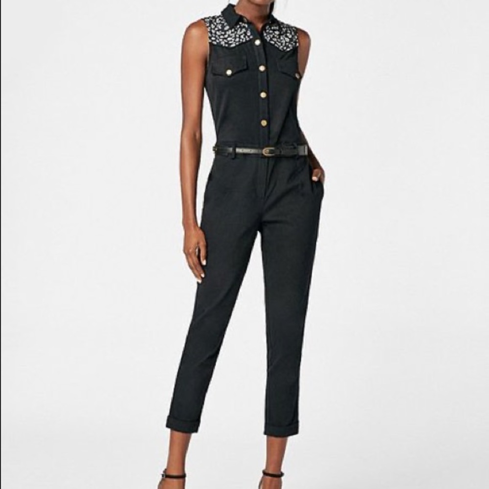 Black Jumpsuit with Leopard Accent